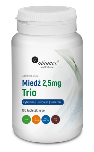 Aliness Miedź trio 2,5 mg (cytrynian, glukonian, siarczan) 100 tabletek VEGE Wspiera skórę, włosy oraz tkanki łączne