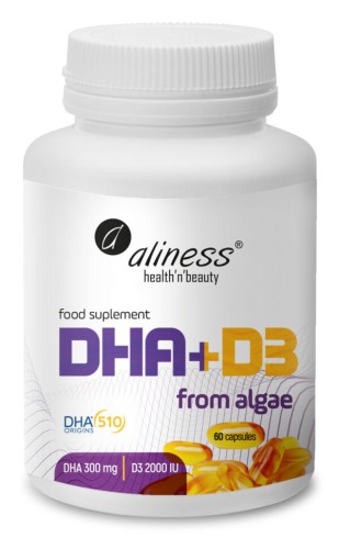 Aliness Omega DHA 300 mg z alg + D3 2000 - 60 kapsułek Wspiera serce, wzrok, mózg i kości