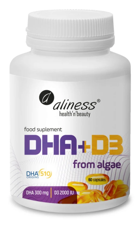 Aliness Omega DHA 300 mg z alg + D3 2000 - 60 kapsułek Wspiera serce, wzrok, mózg i kości