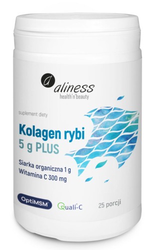 Aliness Kolagen rybi 5 g PLUS siarka OptiMSM, wit C - proszek 25 porcji Wspiera elastyczność i nawilżenie skóry, wzmacnia stawy, kości