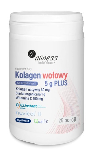 Aliness Kolagen wołowy 5 g PLUS natywny II, siarka OptiMSM, wit. C (typ I+ typ II+ typ III) proszek 25 porcji Wspiera elastyczność i nawilżenie skóry, wzmacnia stawy, kości