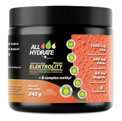 Aliness ALLHydrate, Elektrolity Mango + B complex methyl 345 g - proszek 50 porcji Wspomaga nawodnienie organizmu