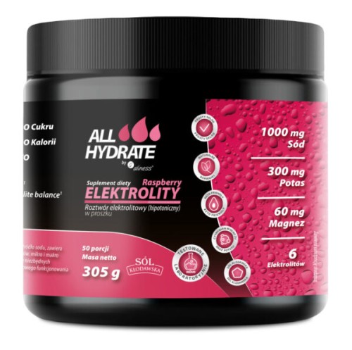 Aliness ALLHydrate, Elektrolity Raspberry 305 g (Malina) proszek 50 porcji Wspomaga nawodnienie organizmu