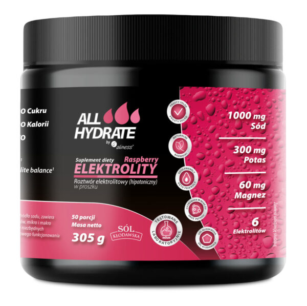 Aliness ALLHydrate, Elektrolity Raspberry 305 g (Malina) proszek 50 porcji Wspomaga nawodnienie organizmu