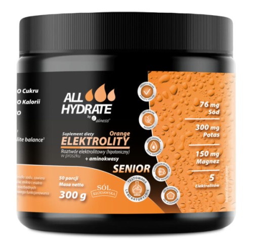 Aliness ALLHydrate, Elektrolity Senior Orange 300 g (Pomarańcza) proszek 50 porcji Wspomaga nawodnienie organizmu