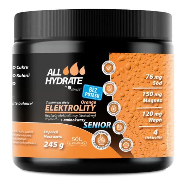 Aliness ALLHydrate, Elektrolity Senior BEZ POTASU Orange 245 g (Pomarańcza) proszek 50 porcji Wspomaga nawodnienie organizmu