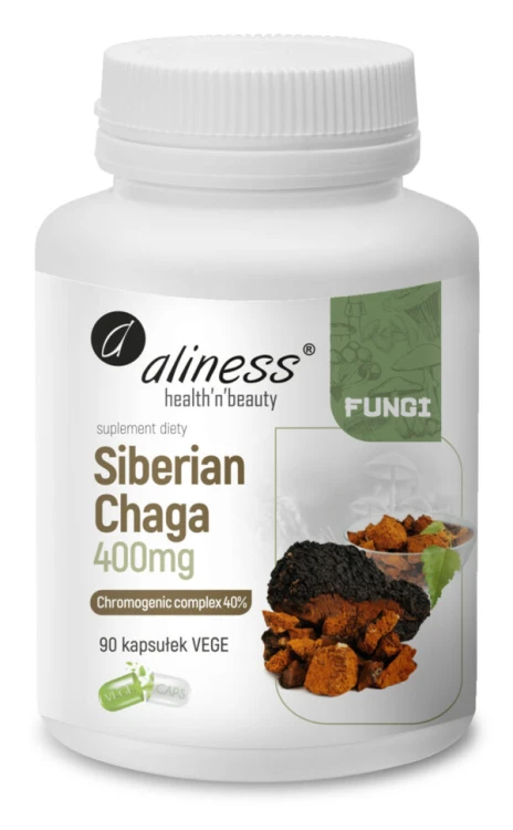 Aliness Siberian Chaga FUNGI ekstrakt 40, 400 mg (Błyskoporek podkorowy) - 90 kapsułek Vege Grzyby, kompleks chromogeniczny