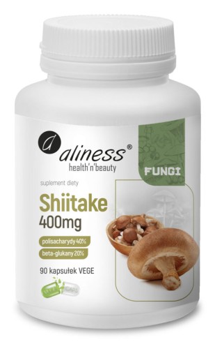 Aliness Shiitake FUNGI ekstrakt 40/20, 400 mg (Twardnik Japoński) Grzyby, 90 kapsułek Vege Wspiera układ krążenia, odporność