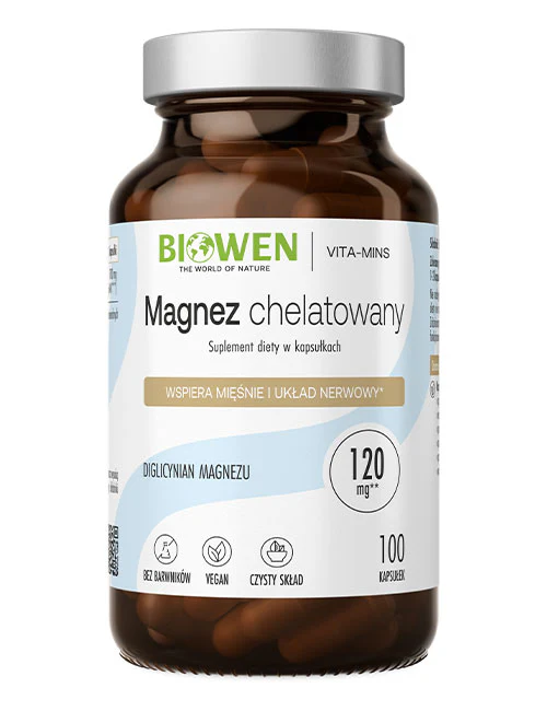 Biowen Magnez chelatowany (diglicynian magnezu) 850 mg - 100 kapsułek Vege Wspiera układ nerwowy