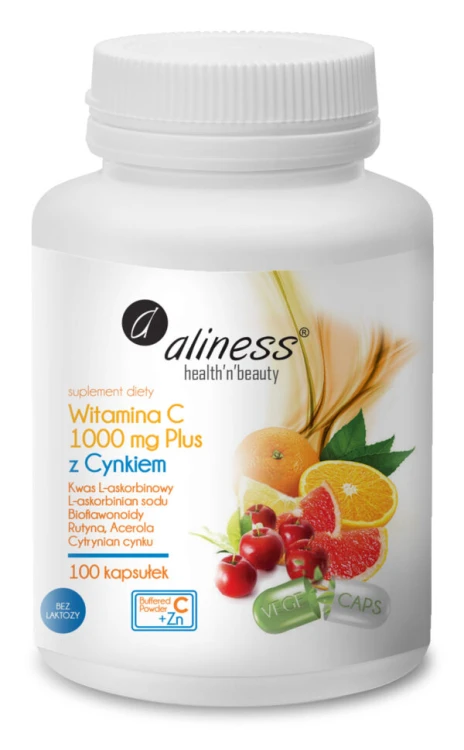 Aliness Witamina C 1000 mg z CYNKIEM PLUS Bioflawonoidy, Rutyna, Acerola - 100 kapsułek Wspiera odporność