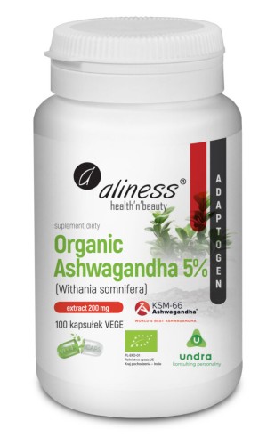 Aliness Organic Ashwagandha KSM-66 200 mg kapsułki wegańskie na stres