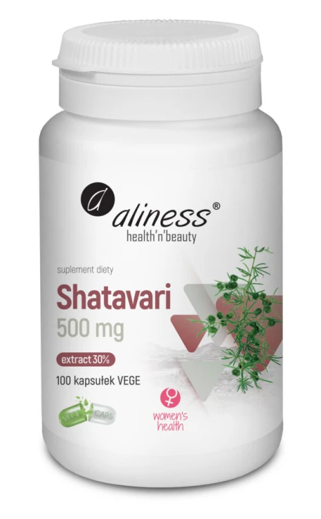 Aliness Shatavari ekstrakt 30%, 500 mg - Dla Kobiet 100 kapsułek VEGE Wsparcie równowagi hormonalnej i kobiecej witalności