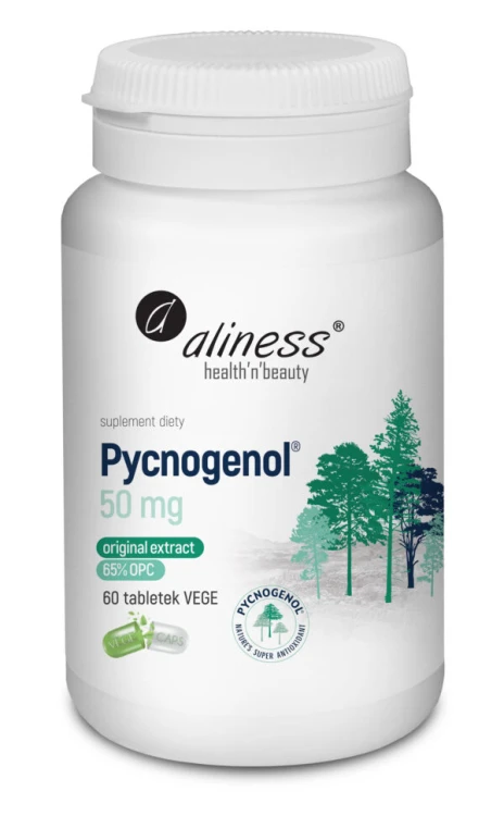 Aliness Pycnogenol 50 mg Ekstrakt z Kory sosny OPC 65% - 60 tabletek VEGE Wspiera układ krążenia