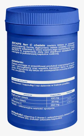 Formeds BICAPS ferr C chelate Żelazo Diglicynian z Witaminą C - 60 kapsułek Wsparcie produkcji czerwonych krwinek