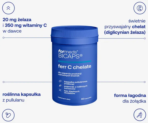 Formeds BICAPS ferr C chelate Żelazo Diglicynian z Witaminą C - 60 kapsułek Wsparcie produkcji czerwonych krwinek