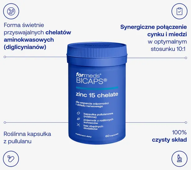Formeds BICAPS zinc 15 chelate Cynk + Miedź - 60 kapsułek Wsparcie odporności