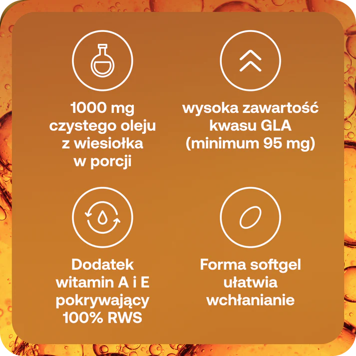 Formeds OLICAPS® evening primrose OLEJ z nasion WIESIOŁKA 1000 mg + Witamina A i E, 60 kapsułek miękkich Wspiera układ hormonalny, skórę oraz prawidłowy poziom cholesterolu