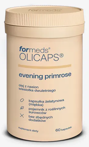 Formeds OLICAPS® evening primrose OLEJ z nasion WIESIOŁKA 1000 mg + Witamina A i E, 60 kapsułek miękkich Wspiera układ hormonalny, skórę oraz prawidłowy poziom cholesterolu