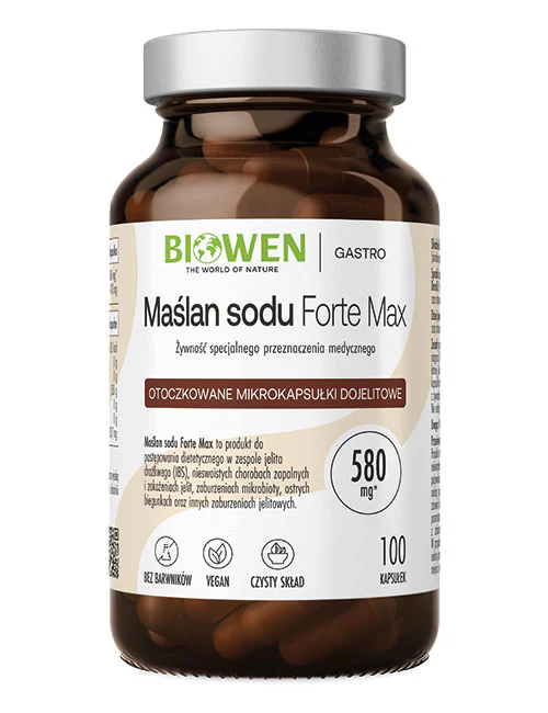 Biowen Maślan Sodu Forte Max 580 mg 100 kapsułek dojelitowych Vege wspiera trawienie i zdrowie jelit