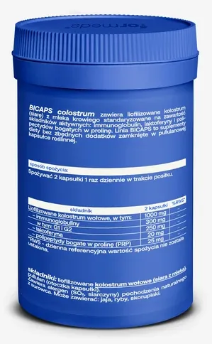 Opakowanie Formeds BICAPS Colostrum – standaryzowane liofilizowane kolostrum wołowe z immunoglobulinami, laktoferyną i polipeptydami bogatymi w prolinę