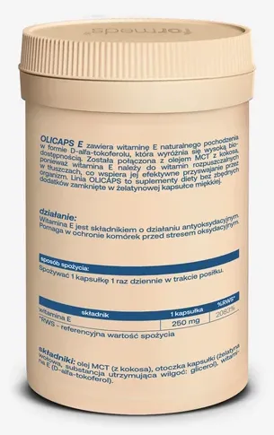 Formeds OLICAPS E z informacją o składzie, sposobie spożycia i zawartości witaminy E 250 mg w kapsułce