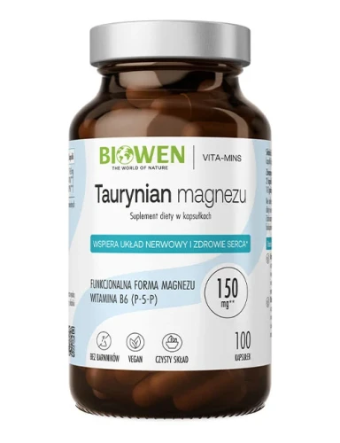 Opakowanie Biowen Taurynian Magnezu z Witaminą B6 (P-5-P) – 100 kapsułek
