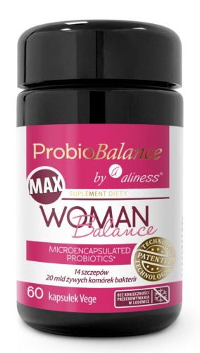 Aliness ProbioBALANCE MAX Woman Balance 20 mld, 60 kapsułek Vege – probiotyk dla kobiet w ciemnej butelce
