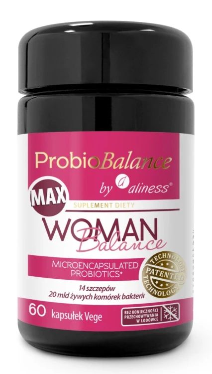 Aliness ProbioBALANCE MAX Woman Balance 20 mld, 60 kapsułek Vege – probiotyk dla kobiet w ciemnej butelce