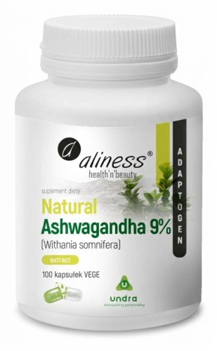 Aliness Natural Ashwagandha 555 mg 9% – 100 kapsułek VEGE, opakowanie