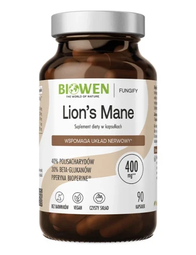 Opakowanie Biowen Lion's Mane 400 mg z BioPerine® – szklany słoik 90 kapsułek VEGE