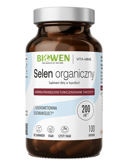 Opakowanie Biowen Selen Organiczny 200 µg SeleniumSeLECT® – szklany słoik 100 kapsułek VEGE
