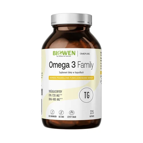 Biowen Omega 3 Family TG 225 kapsułek – ciemny szklany słoik z kwasami EPA i DHA w formie trójglicerydów