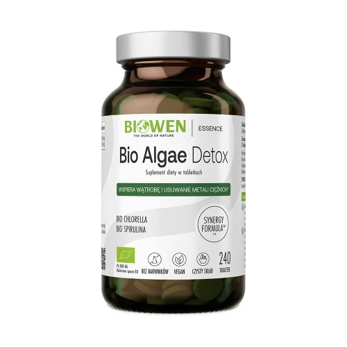 Biowen Bio Algae Detox 240 tabletek – ciemny szklany słoik z chlorellą i spiruliną BIO