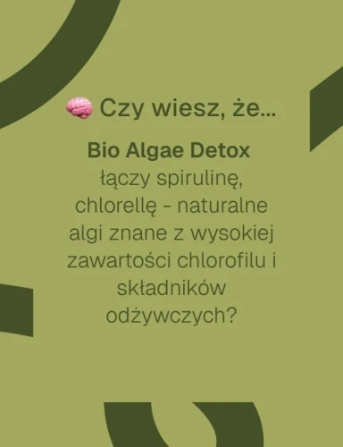 Grafika informacyjna o Biowen Bio Algae Detox – zawartość chlorofilu oraz właściwości spiruliny i chlorelli BIO