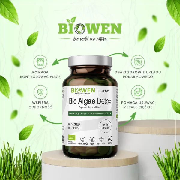 Promocyjny baner Biowen Bio Algae Detox 240 tabletek z właściwościami – wsparcie odporności, trawienia, kontrola wagi i usuwanie metali ciężkich