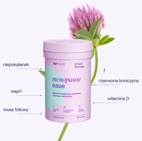 Formeds Female Formula Menopause Ease 60 kapsułek – infografika składników z niepokalankiem, czerwoną koniczyną, wapniem, witaminą D i kwasem foliowym