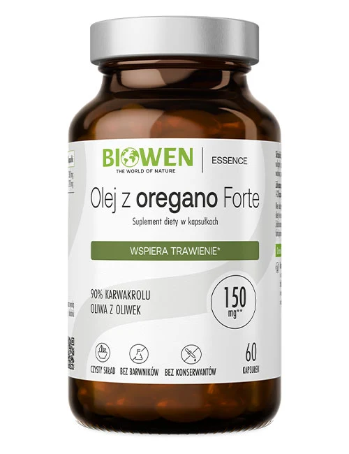 Biowen Olej z oregano Forte 90% karwakrolu 150 mg 60 kapsułek – szklane opakowanie suplementu diety na trawienie