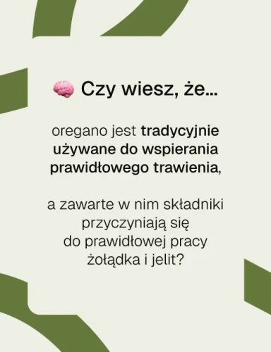 Grafika informacyjna Biowen z pytaniem Czy wiesz że o tradycyjnym zastosowaniu oregano na trawienie, pracę żołądka i jelit