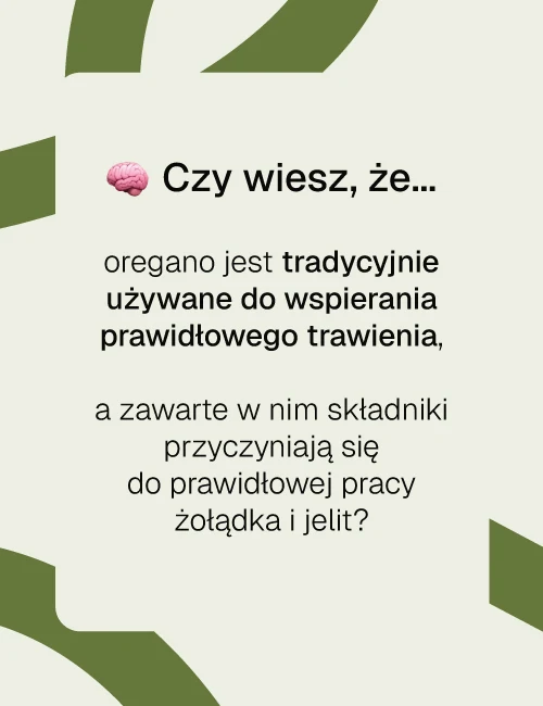 Grafika informacyjna Biowen z pytaniem Czy wiesz że o tradycyjnym zastosowaniu oregano na trawienie, pracę żołądka i jelit