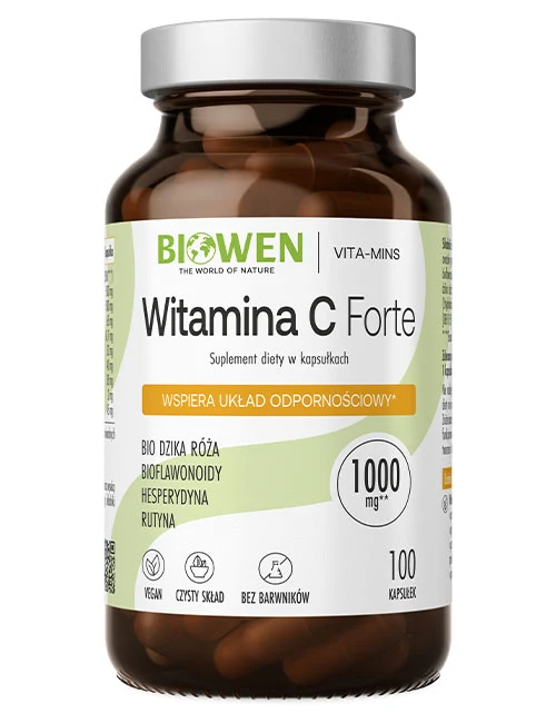 Biowen Witamina C Forte 1000 mg 100 kapsułek – szklane opakowanie suplementu diety z dziką różą