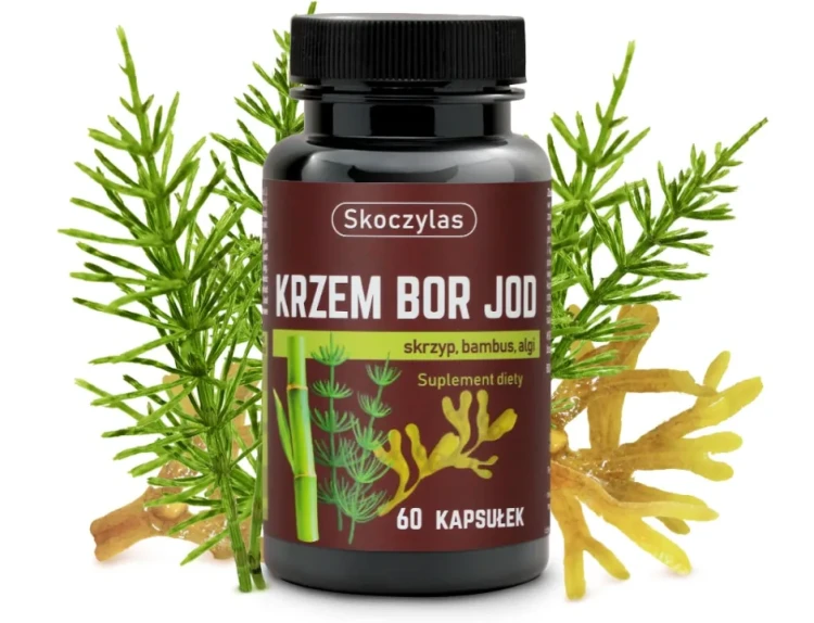 Skoczylas KRZEM BOR JOD skrzyp, bambus, algi 60 kapsułek wspiera tarczycę,  stymulacje testosteron i normalizuje estrogen