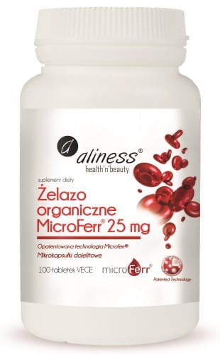 Aliness Żelazo organiczne MicroFerr® 25 mg 100 tabletek dojelitowych VEGE wspiera produkcję czerwonych krwinek i hemoglobiny