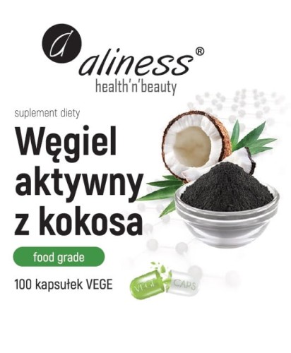 Aliness Węgiel aktywny z kokosa Food Grade 300 mg - 100 kapsułek VEGE wspomaga Poprawia komfort trawienny