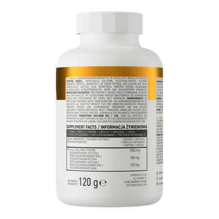 OstroVit Omega 3 z informacją o zawartości EPA i DHA w porcji