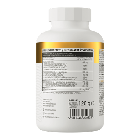 OstroVit Omega 3-6-9 (90 kapsułek żelowych z olejem) wspiera serce, wzrok, mózg, prawidłowy poziom cholesterolu
