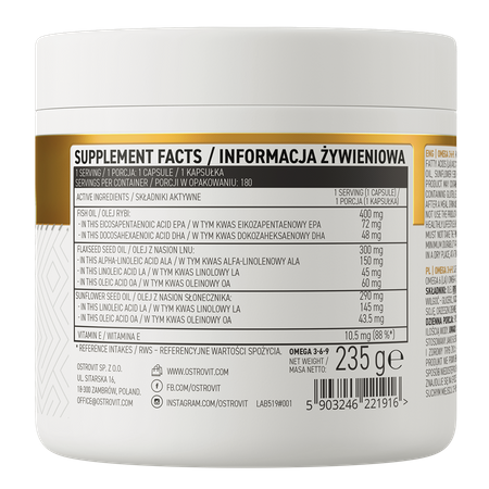 OstroVit Omega 3-6-9 180 kapsułek żelowych z olejem wspiera serce, wzrok, mózg,  prawidłowy poziom cholesterolu