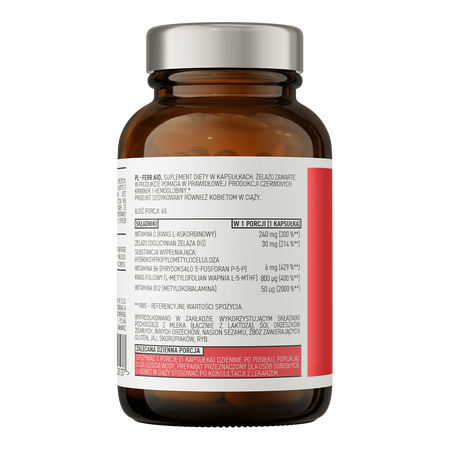 OstroVit Ferr Aid (żelazo, witamina C, B6, B12, kwas foliowy) 60 kapsułek wspiera wspomaga produkcję czerwonych krwinek i hemoglobiny,  wzmacnia odporność