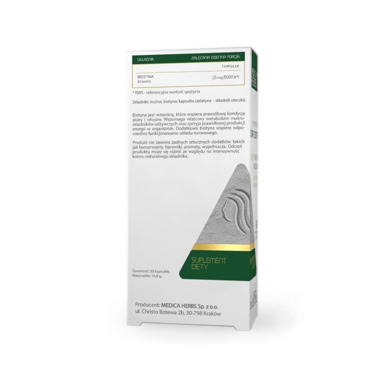 Medica Herbs Biotyna – skład i zawartość 2,5 mg D-biotyny na opakowaniu