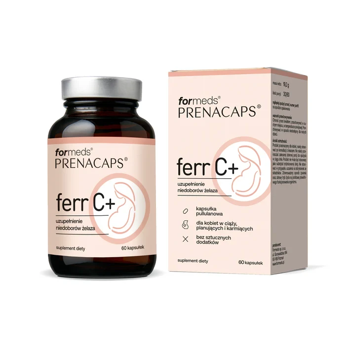 Formeds PRENACAPS ferr C+  (żelazo, laktoferyna, witamina C) Dla kobiet w ciąży, planujących i karmiących 60 kapsułek  wspiera produkcję czerwonych krwinek i hemoglobiny