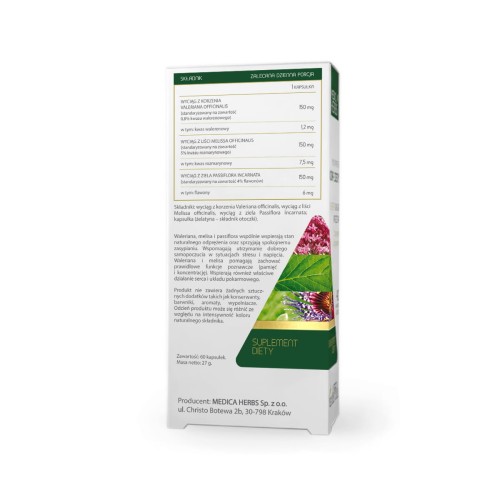 Medica Herbs Waleriana Melisa Passiflora – skład i standaryzacja wyciągów na opakowaniu